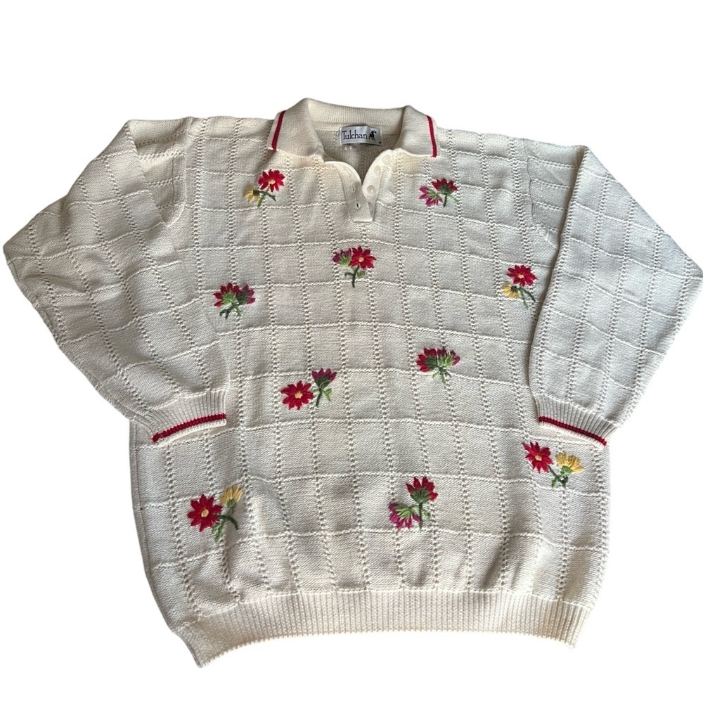 Vintage Tulchan Floral Embroidered Grandma Sweater Size M 90s Cottage Granola
